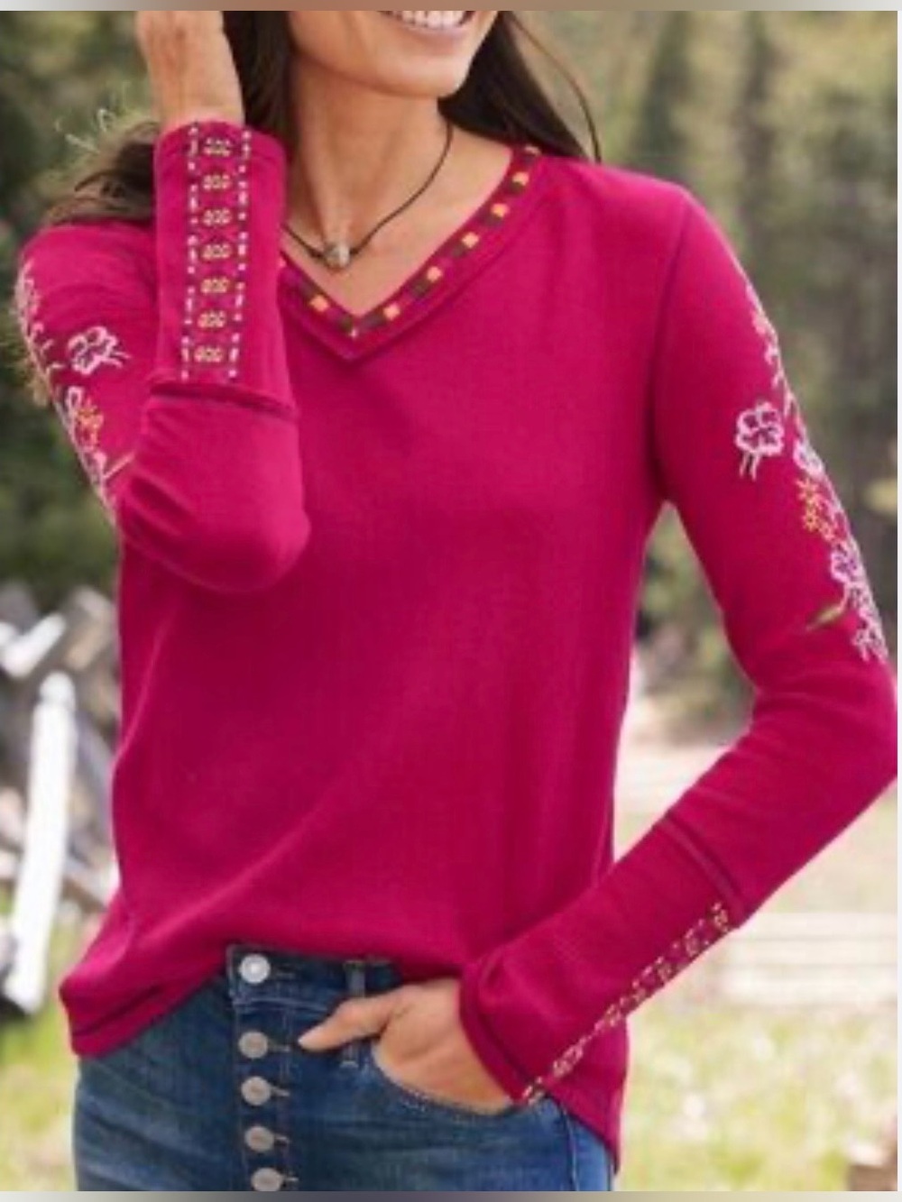 Sundance pink embroidered floral boho peasant thermal long sleeve cotton size S